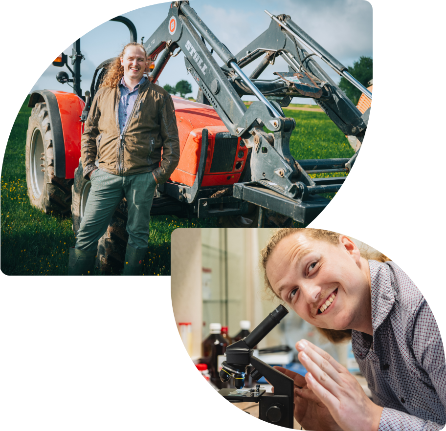 Adrian Neumann Landapotheken Zwei Bilder von Adrian Neumann. Eines wo er auf einer schönen grünen Sommerwiese in Alltagskleidung lächelnd vor seinem Traktor steht. Und eines wo Adrian bei der Arbeit in seiner Apotheke sitzt und durch ein Mikroskop schaut.